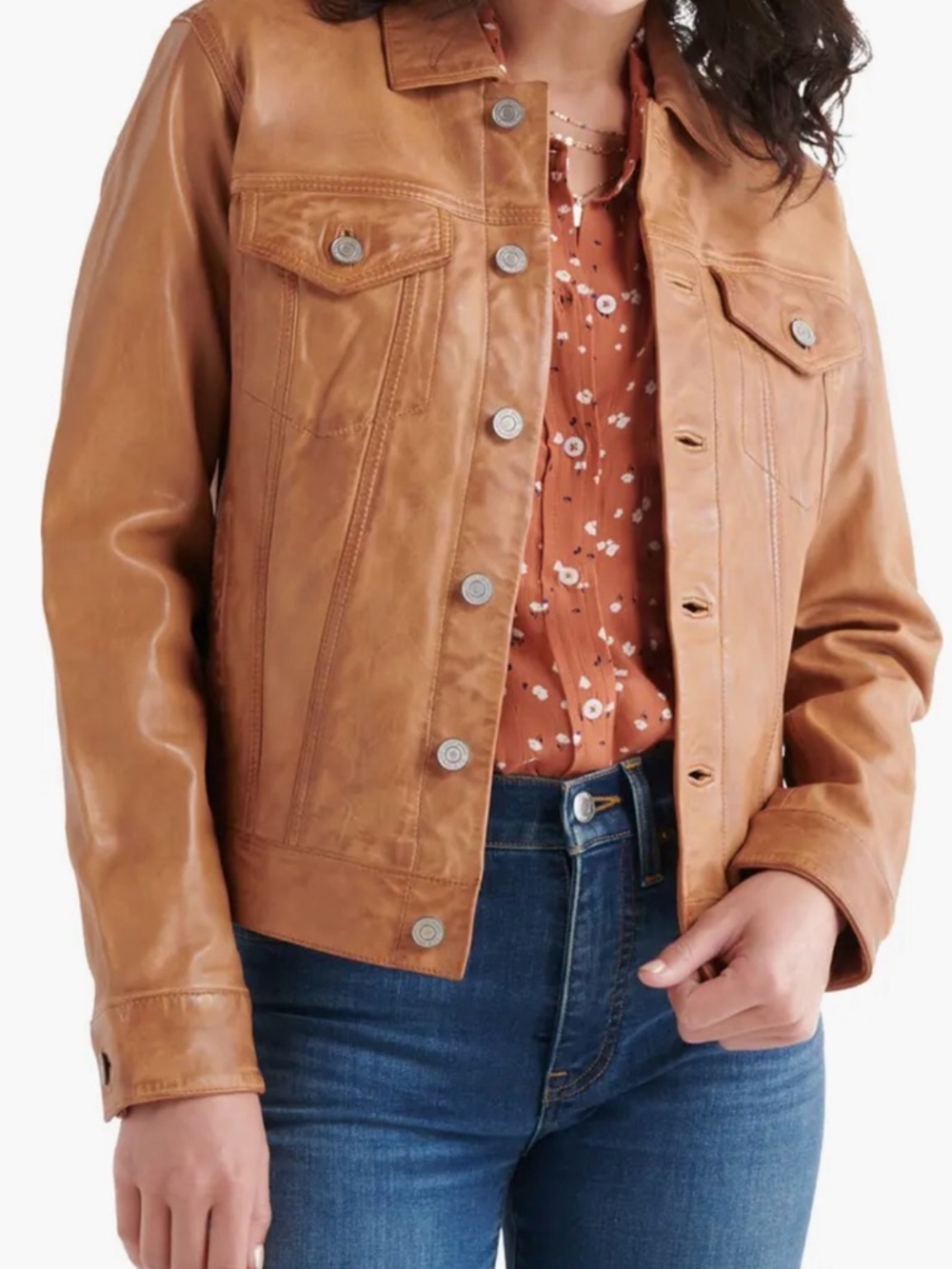 Lucky Brand Cognac Leather Trucker Jacket - Picture 5 of 6
